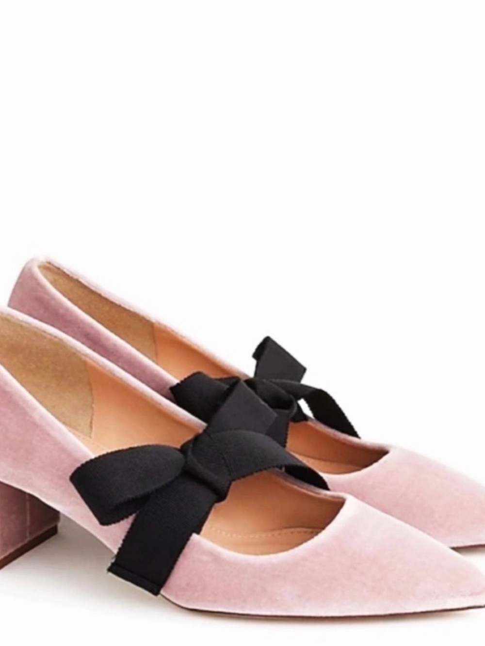 J.Crew Pink Velvet Pointed-Toe Block Heel Pumps with Black Bow